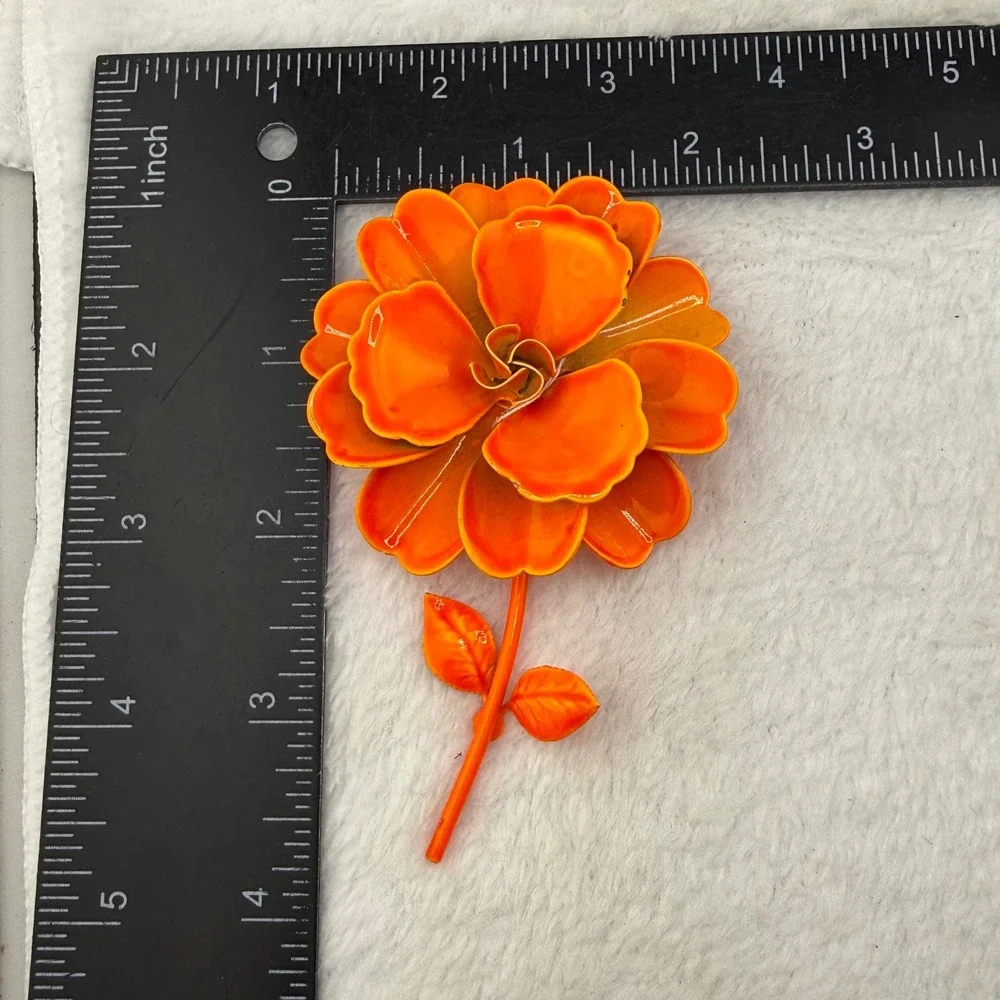 Vintage Enamel Flower Brooch Mod Pop Orange Layered Petal Retro